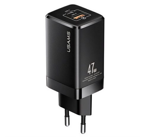 USAMS T41 hálózati töltő USB+Type-C aljzat (47W, GaN, PD gyorstöltő 3.0) FEKETE