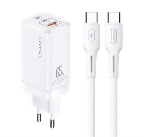 USAMS MT hálózati töltő USB+2 Type-C aljzat (65W, GaN, PD gyorstöltő 3.0 + Type-C kábel) FEHÉR