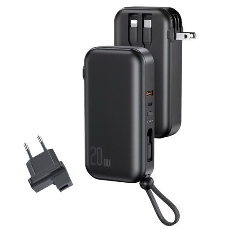 USAMS PB63 vésztöltő USB+Type-C+microUSB (10000mAh, 20W, PD gyorstöltő, wireless) FEKETE