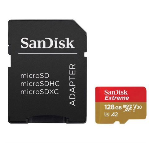 SANDISK EXTREME memóriakártya 128GB (microSDXC, Class 10, UHS-1, 190MB/s) + SD adapter