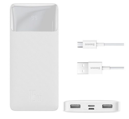 BASEUS BIPOW PRO OE vésztöltő 2 USB+Type-C aljzat (10000mAh, 15W, PD gyorstöltő + 25cm microUSB kábel) FEHÉR