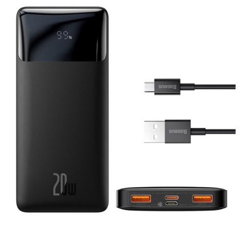 BASEUS BIPOW PRO OE vésztöltő 2 USB+Type-C aljzat (10000mAh, 20W, PD gyorstöltő + 25cm microUSB kábel) FEKETE