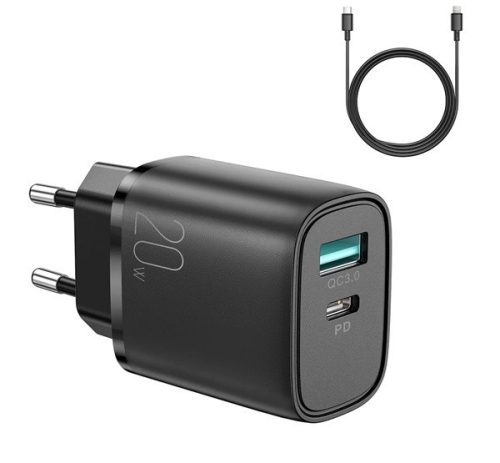 JOYROOM hálózati töltő USB+Type-C aljzat (20W, PD gyorstöltő + lightning kábel) FEKETE