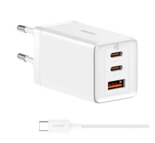 BASEUS hálózati töltő USB+2 Type-C aljzat (65W, PD gyorstöltő + Type-C kábel) FEHÉR