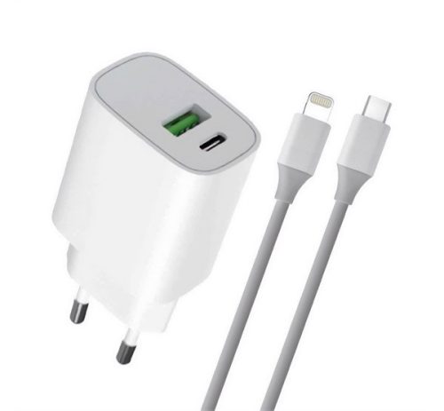 4-OK hálózati töltő USB+Type-C aljzat (20W, PD gyorstöltő 3.0 + lightning kábel) FEHÉR