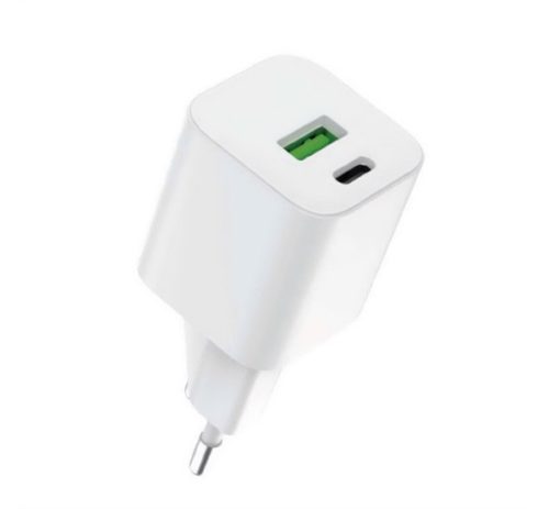 4-OK hálózati töltő USB+Type-C aljzat (30W, GaN, PD gyorstöltő 3.0) FEHÉR