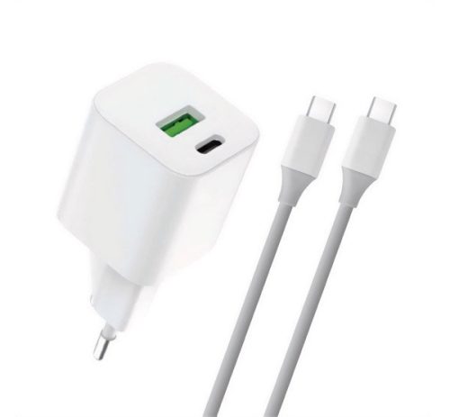 4-OK hálózati töltő USB+Type-C aljzat (30W, GaN, PD gyorstöltő 3.0 + Type-C kábel) FEHÉR