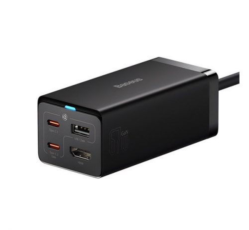 BASEUS hálózati elosztó USB+2 Type-C+HDMI aljzat (67W, GaN5, PD gyorstöltő + hálózati kábel) FEKETE