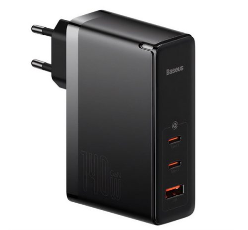 BASEUS hálózati töltő USB+2 Type-C aljzat (140W, GaN5, PD gyorstöltő) FEKETE