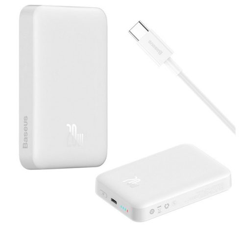 BASEUS MAGNETIC MINI OS vésztöltő Type-C aljzat (10000mAh, 20W, PD gyorstöltő, wireless, MagSafe + Type-C kábel) FEHÉR