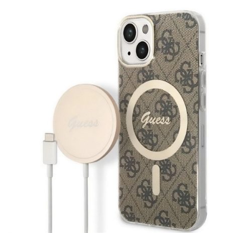 GUESS 4G műanyag telefonvédő (textil hátlap, MagSafe + wireless töltő, 15W) BARNA