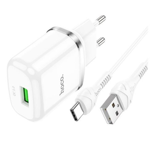 HOCO N3 hálózati töltő USB aljzat (18W, gyorstöltő 3.0 + Type-C kábel) FEHÉR