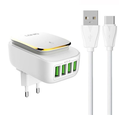 LDNIO hálózati töltő 4 USB aljzat (65W, éjjeli fény + Type-C kábel) FEHÉR