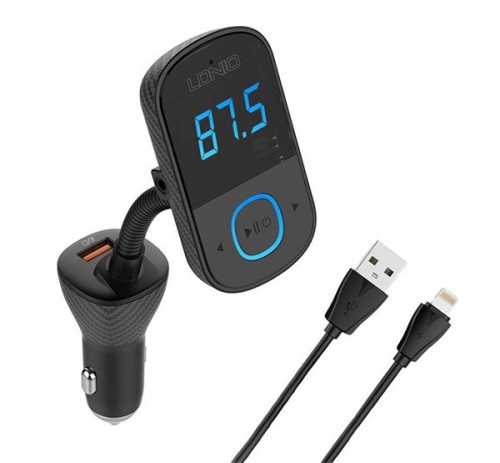 LDNIO bluetooth FM transmitter autós töltő 2 USB+Type-C aljzat (3A, 43W, PD gyorstöltő + lightning kábel) FEKETE