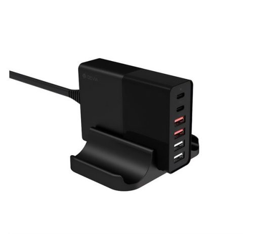 DEVIA hálózati töltő állomás 4 USB+Type-C aljzat (75W, PD gyorstöltő 3.0) FEKETE