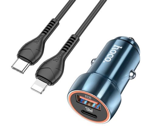 HOCO Z46A autós töltő USB+Type-C aljzat (20W, PD gyorstöltő 3.0 + lightning kábel) KÉK