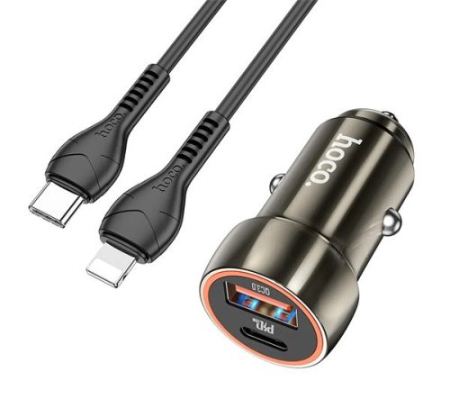 HOCO Z46A autós töltő USB+Type-C aljzat (20W, PD gyorstöltő 3.0 + lightning kábel) METÁLSZÜRKE