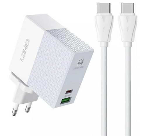 LDNIO hálózati töltő USB+Type-C aljzat (65W, PD gyorstöltő + Type-C - Type-C kábel) FEHÉR