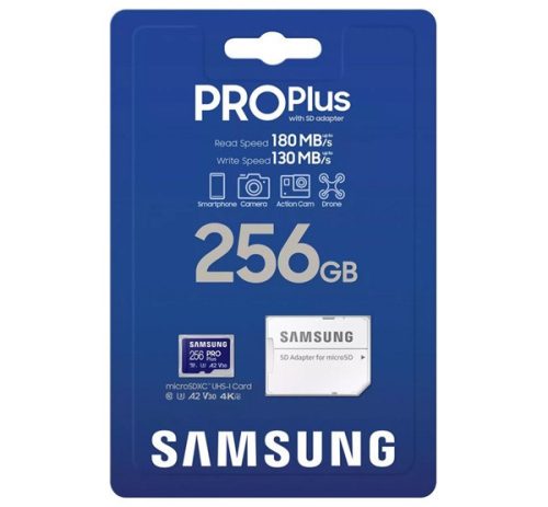 SAMSUNG memóriakártya 256GB (microSDXC PRO Plus - CLASS 10, UHS-1, U3, V30, A2, R180/W130) + SD adapter