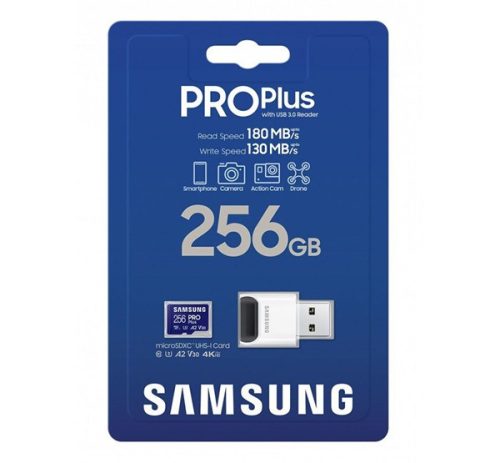 SAMSUNG memóriakártya 256GB (microSDXC PRO Plus - CLASS 10, UHS-1, U3, V30, A2, R180/W130) + USB kártyaolvasó