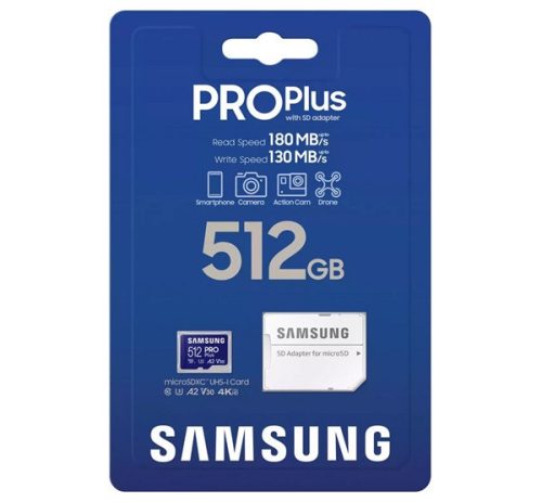 SAMSUNG memóriakártya 512GB (microSDXC PRO Plus - CLASS 10, UHS-1, U3, V30, A2, R180/W130) + SD adapter