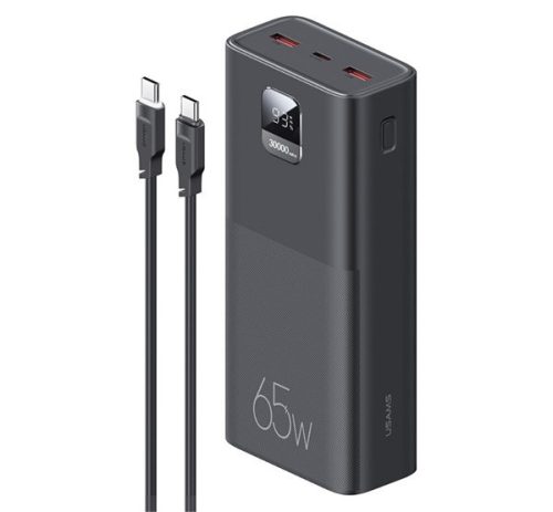 USAMS PB68 vésztöltő 2 USB+Type-C aljzat (30000mAh, 65W, PD gyorstöltő 3.0, LED kijelző) FEKETE