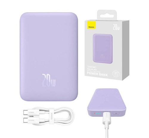 BASEUS MAGNETIC MINI vésztöltő Type-C aljzat (10000mAh, 20W, wireless, MagSafe + Type-C kábel) LILA