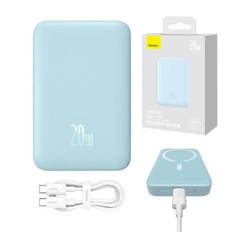 BASEUS MAGNETIC MINI vésztöltő Type-C aljzat (10000mAh, 20W, wireless, MagSafe + Type-C kábel) VILÁGOSKÉK