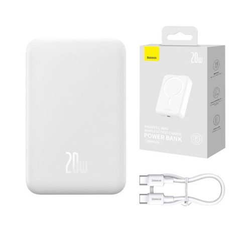 BASEUS MAGNETIC MINI vésztöltő Type-C aljzat (20000mAh, 20W, gyorstöltő, wireless, MagSafe + Type-C kábel) FEHÉR