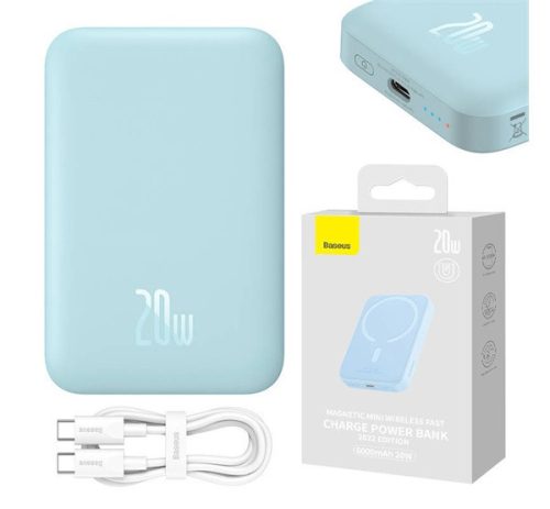 BASEUS MAGNETIC MINI vésztöltő Type-C aljzat (6000mAh, 20W, gyorstöltő, wireless, MagSafe + Type-C kábel) VILÁGOSKÉK