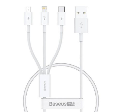 BASEUS SUPERIOR adatkábel 3in1 (USB - Type-C/lightning/microUSB, 20W, PD gyorstöltő, 50cm) FEHÉR