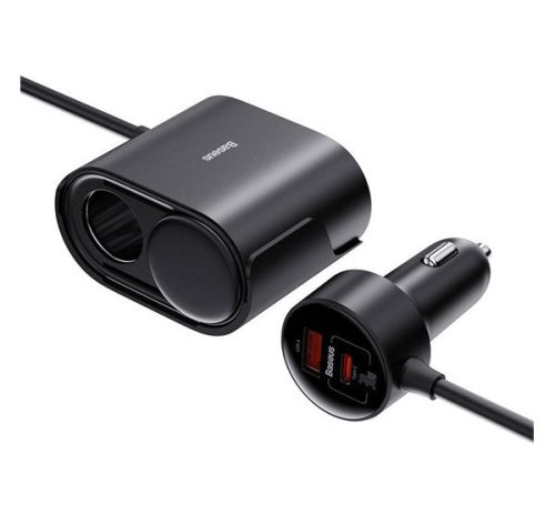 BASEUS szivargyújtó adapter (elosztó, USB+Type-C aljzat, 24V, 30W, PD gyorstöltő, 150cm) FEKETE