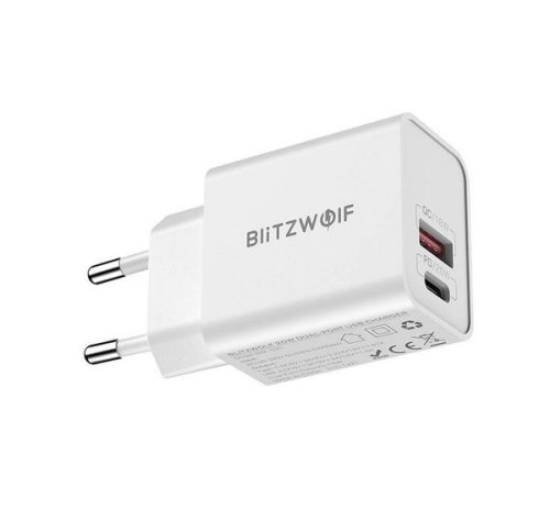 BLITZWOLF hálózati töltő USB+Type-C aljzat (15W, PD gyorstöltő 3.0) FEHÉR