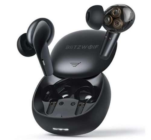 BLITZWOLF bluetooth fülhallgató SZTEREO (v5.0, TWS, mikrofon, IPX5 vízálló + töltőtok) FEKETE