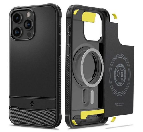 SPIGEN RUGGED ARMOR szilikon telefonvédő (ütésállóság, légpárnás sarok, karbon minta, MagSafe) FEKETE