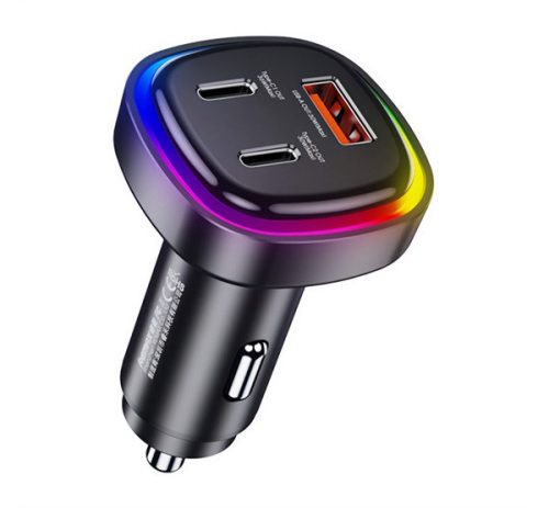 REMAX autós töltő USB+2 Type-C aljzat (66W, gyorstöltő, LED) FEKETE