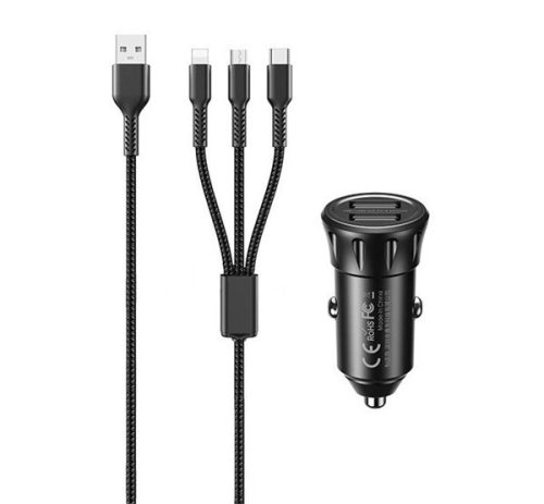 REMAX autós töltő 2 USB aljzat (12W, gyorstöltő + lightning/microUSB/Type-C kábel) FEKETE