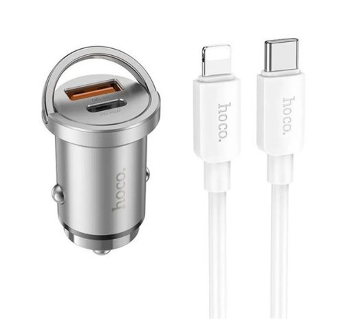 HOCO NZ10 autós töltő USB+Type-C aljzat (45W, PD gyorstöltő 3.0 + lightning kábel) EZÜST