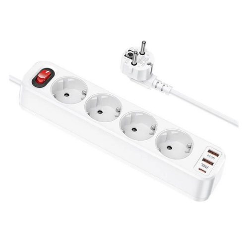 HOCO hálózati elosztó (4 AC+2 USB+Type-C aljzat, 20W, PD gyorstöltő 3.0 + 180cm kábel) FEHÉR