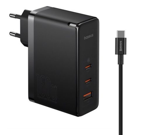 BASEUS hálózati töltő USB+2 Type-C aljzat (140W, GaN5, PD gyorstöltő + Type-C kábel) FEKETE