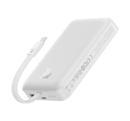 BASEUS MAGNETIC MINI vésztöltő Type-C aljzat (10000mAh, 30W, gyorstöltő, wireless, MagSafe + fix Type-C kábel) FEHÉR