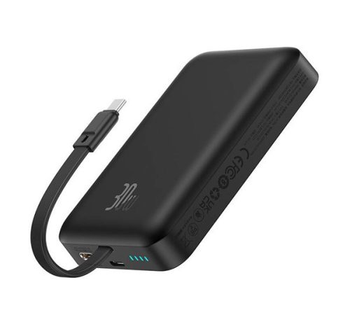 BASEUS MAGNETIC MINI vésztöltő Type-C aljzat (10000mAh, 30W, gyorstöltő, wireless, MagSafe + fix Type-C kábel) FEKETE