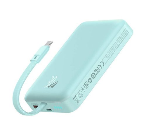 BASEUS MAGNETIC vésztöltő Type-C aljzat (10000mAh, 30W, gyorstöltő, wireless, MagSafe + fix Type-C kábel) VILÁGOSKÉK