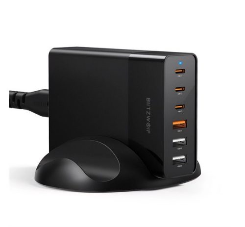 BLITZWOLF BW-S25 hálózati töltő állomás 3 USB+3 Type-C aljzat (75W, GaN, PD gyorstöltő + 150cm tápkábel) FEKETE