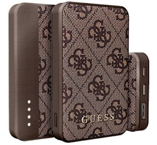 GUESS 4G LEATHER METAL LOGO vésztöltő USB+Type-C aljzat (5000mAh, 15W, gyorstöltő) BARNA