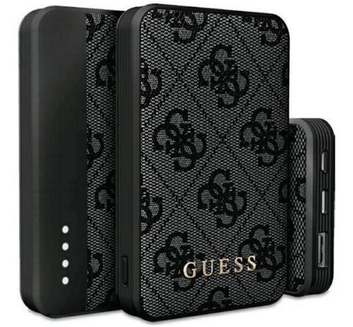 GUESS 4G LEATHER METAL LOGO vésztöltő USB+Type-C aljzat (5000mAh, 15W, gyorstöltő) FEKETE