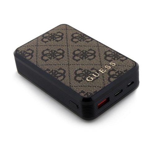 GUESS 4G LEATHER METAL LOGO vésztöltő USB+Type-C aljzat (10000mAh, 18W, gyorstöltő) BARNA