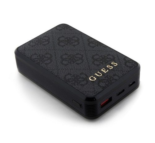 GUESS 4G LEATHER METAL LOGO vésztöltő USB+Type-C aljzat (10000mAh, 18W, gyorstöltő) FEKETE