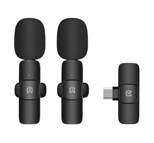 PULUZ bluetooth mikrofon 2db (Type-C, LAVALIER csíptethető, zajszűrő + töltőtok) FEKETE