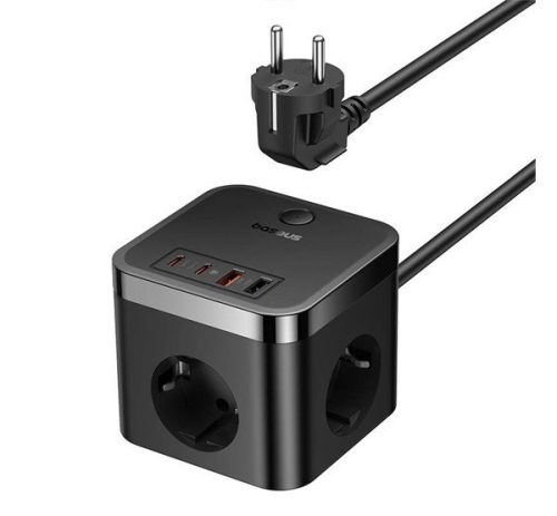 BASEUS POWERCOMBO hálózati elosztó (3 AC+2 USB+2 Type-C aljzat, 30W, gyorstöltő, 150cm tápkábel) FEKETE